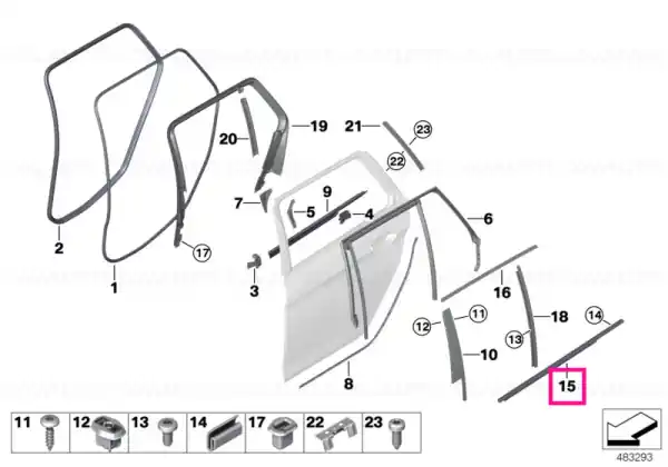 Window well strip, outer, door, rear lft GLANZSCHWARZ - BMW Nu rata